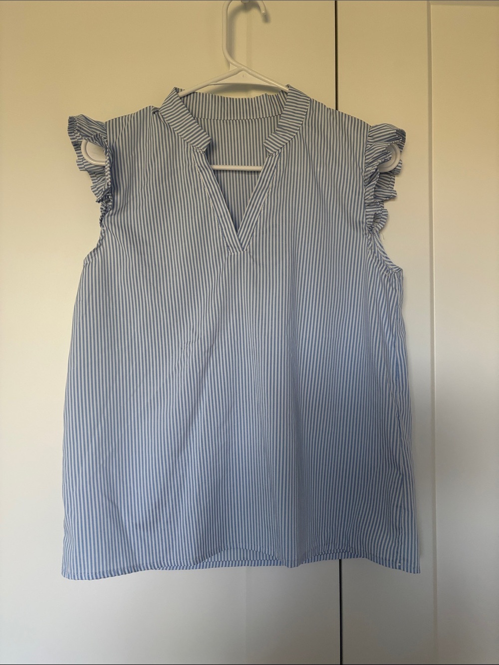 SHEIN Blue and White Stripe Sleeveless Ruffle-Trim Camisole